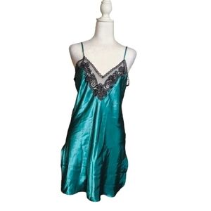 Vintage Y2K Teal Satin Slip Dress Lace Chemise California Dynasty.